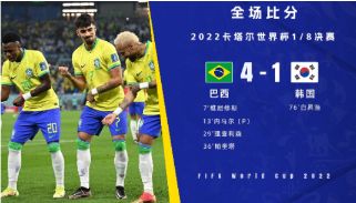 世界杯-巴西4-1轻取韩国进8强 内马尔维尼修斯传射理查利森破门